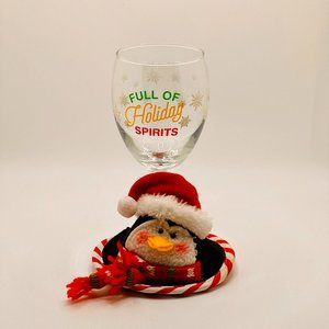 Full Of Holiday Spirits Wine Glass with Christmas Penguin Coaster